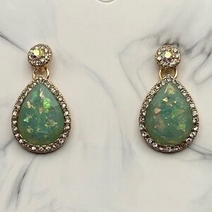 Gold Tone Earrings Synthetic Green Opal Rhinestone Earrings